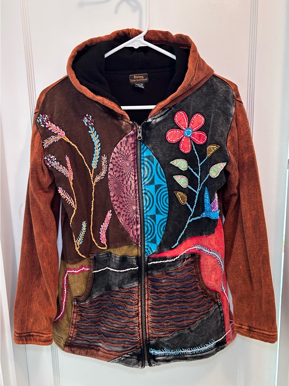 Rising International Fleece Patchwork Floral BoHo Full Zip Hoodie Womens S